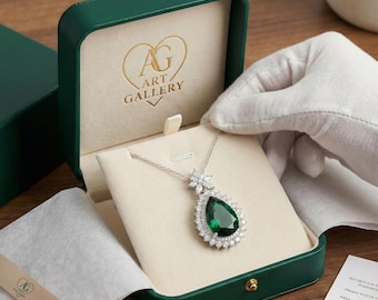 Sterling Silver Pear Necklace, Emerald Green CZ Halo Pendant