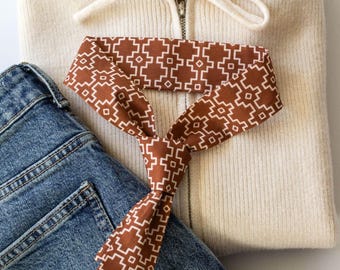 Bufanda estrecha de algodón con estampado de cuadrícula del suroeste, corbata bohemia terracota, accesorio para el cabello naranja quemado