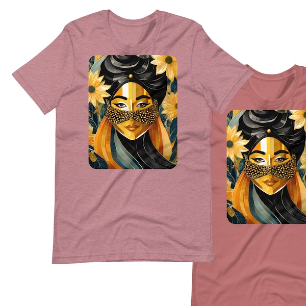 Unisex t-shirt muslim woman with a golden face mask and flowers around III