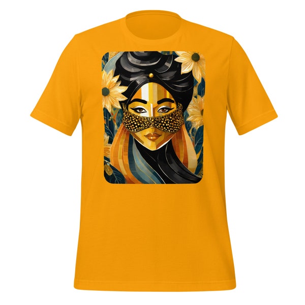 Arabian woman with a golden face mask and flowers around IV - Unisex t-shirt