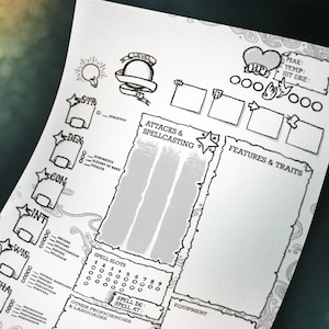 Può includere: Un foglio di personaggio in bianco e nero per un gioco di ruolo da tavolo. Il foglio include sezioni per le statistiche del personaggio, gli attacchi, i lanci di incantesimi, le caratteristiche e i tratti. Il foglio è progettato per essere compilato con informazioni su un personaggio.