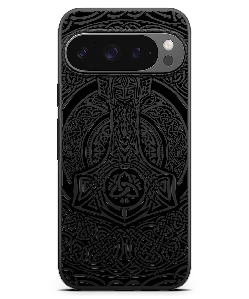 May include: Black phone case with a detailed design of a hammer and intricate knotwork.