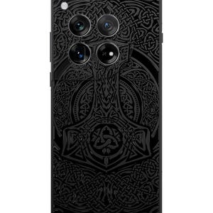 May include: Black phone case with a detailed design of a hammer and Celtic knotwork.