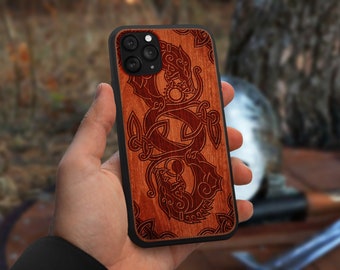 Skoll and Hati | Engraved Wood Phone Case | Available for iPhone, Galaxy S, Galaxy Z, Galaxy A, Pixel Phones and More!