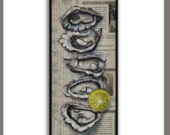 Oyster painting Original oil painting Coastal art Seafood wall art Food painting Newspaper art Food wall decor Oyster art Seafood painting