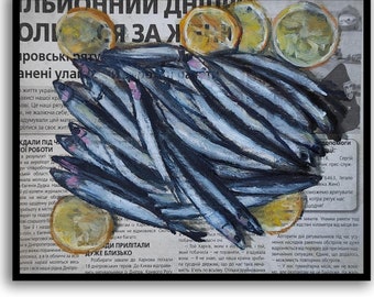 Fish painting Seafood painting Sardine art Food painting Original oil painting Newspaper art Original oil painting Newspaper art by SElenaV