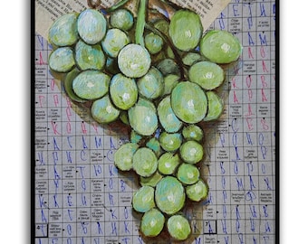 May include: A painting of a bunch of green grapes on a background of a crossword puzzle. The grapes are painted in a realistic style with visible brushstrokes.