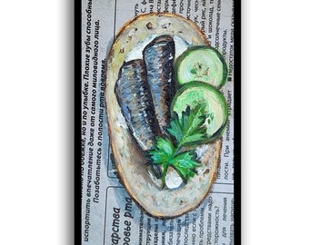Newspaper art Fish painting Fish wall art Original Oil art Sardines painting Food painting Kitchen wall decor Food Cafe wall art by SElenaV