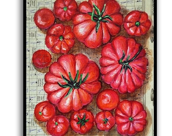 Tomato art Vegetable art Tomato painting Newspaper art Food painting Still life painting Newspaper original oil painting Food art by SElenaV