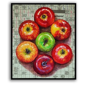 Arte de maçãs Pintura de frutas Maçãs Pintura a óleo original Maçã Jornal arte Decoração de parede de frutas Pintura de comida Jornal Arte original por SElenaV