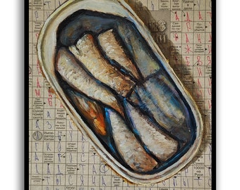 Fish painting Seafood painting Sardine art Food painting Original oil painting Newspaper art Original oil painting Newspaper art by SElenaV