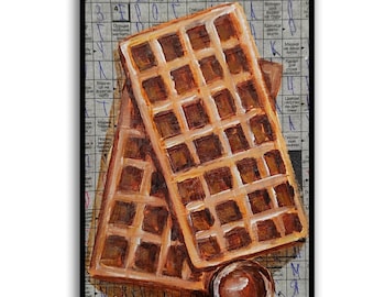 Pintura al óleo original de gofres belgas, postre, decoración de pared, comida, arte de periódico, pintura de postres, gofres, regalo, cocina, arte original de SElenaV
