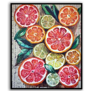 Pintura al óleo original de naranja Arte cítrico Arte de periódico de mandarina Arte de pared de frutas Pintura de regalo hecha a mano Estética ecléctica Casa de campo De moda