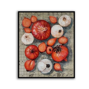 Onion Bulb oil painting Botanical Artwork Farmhouse Wall Decor Vegetable art Still life painting  Newspaper Food Original art by SElenaV