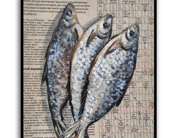 Dried Fish painting Seafood painting Sardine art Food painting Original oil paintings Newspaper art Original oil Newspaper art by SElenaV