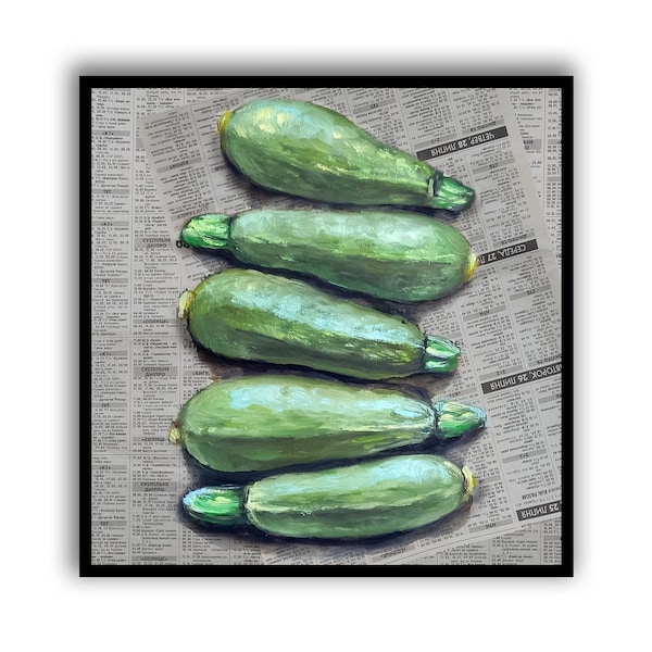 Peinture à l’huile de courgettes personnalisée sur l’art du journal Peinture végétale Peinture de journal Peinture végétale nature morte Cuisine art mural par SElenaV