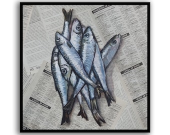 Fish painting Seafood painting Sardine art Food painting Original oil painting Newspaper art by SElenaV Still Life artwork