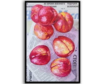 Persikamålning Original oljemålning Persikakonstverk Persikamålning Tidningskonst Matkonst Fruktmålning Ordbokskonst av SElenaV
