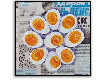 卵の絵 食べ物の絵 オリジナル油絵 新聞アート 目玉焼き 朝食の絵