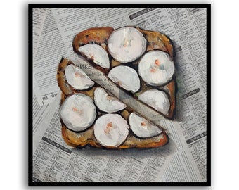 Bread Painting Sandwich Newspaper Artwork Toast Food Still Life Wall Art banana Newspaper Art Oil Painting by SElenaV breakfast painting