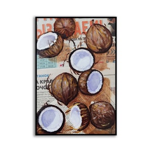 Coconut painting Fruit art Fruit painting Original oil painting Newspaper art Coconut art Kitchen Art Dictionary art fine art by SElenaV
