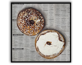Bagel painting Food painting Newspaper art Breakfast painting Bread painting Butter art Bagel Original Oil painting by SElenaV