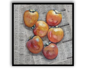 Pintura de caqui Pintura de frutas Arte de caqui Arte de periódico Arte de pared de frutas por SElenaV Pintura al óleo original Obra de arte de bodegones