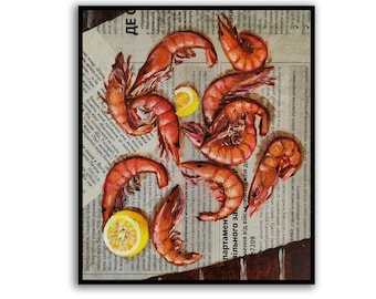 Shrimps art Fish painting Seafood painting Food painting Original oil painting Newspaper art Original oil painting Newspaper art by SElenaV
