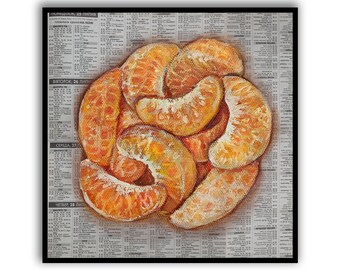 みかんの絵 オレンジの絵 オリジナル油絵 柑橘類の絵 新聞紙アート