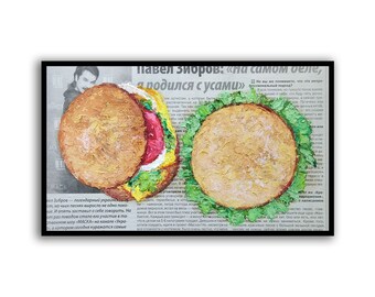 Two Cheeseburgers Newspaper Food art Newspaper Painting Cheesburger Painting Burger Impasto Original Hand Oil Painting fine art by SElenaV