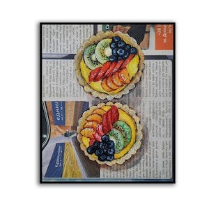Cake in a basket with fruits Original Oil painting Newspeper Art Breakfast Painting Cake art Food painting Newspaper Original art by SElenaV