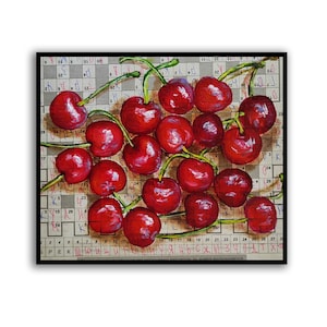 Cherry Painting Fruit painting Cherries Original oil painting Newspaper art Fruit wall decor Food painting Newspaper Original art by SElenaV