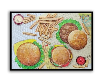 Cheeseburger, Hamburger, fries and sauces Newspaper Impasto Original Hand Oil Painting fine art by SElenaV Newspaper Food breakfast painting