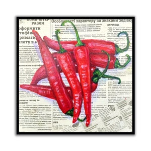 Chili Pepper Painting Pepper Artwork Mano Pintura al óleo Periódico moderno Arte bodegón decoración de la pared arte de la pared Diccionario bellas artes por SElenaV