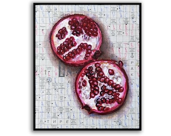 Pomegranate art Fruit painting Original oil painting Newspaper art Fruit wall decor Food painting Newspaper Original art by SElenaV