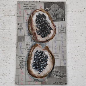 Sándwich con caviar negro Pintura al óleo exclusiva Pintura de alimentos sobre periódicos Pintura de caviar Periódico Arte mural original de SElenaV