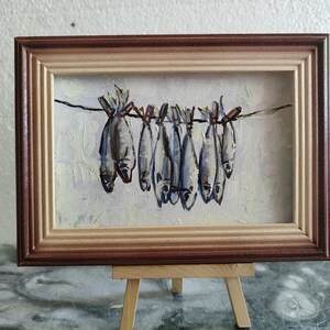 Fish painting Seafood painting Sardine art Food painting Still life wall decor Original oil painting in a wooden frame signed by SElenaV