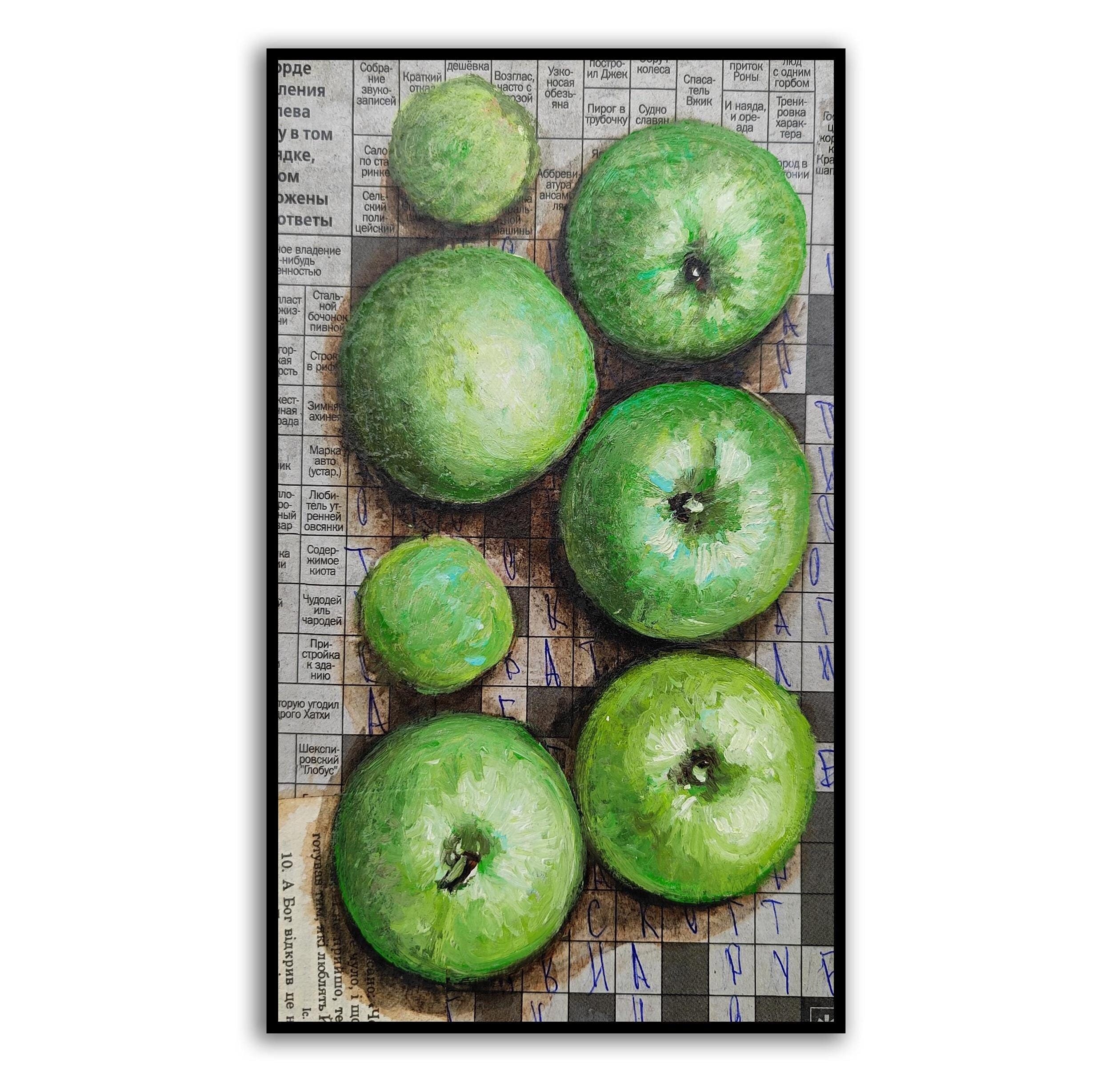 リンゴアート フルーツの絵画 リンゴ オリジナル油絵 リンゴ新聞アート