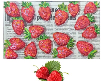 Arte de fresa Arte de pared de frutas Pintura de fresas Pintura de bodegones Arte de periódico Impasto Arte al óleo original Pintura de frutas Diccionario de arte