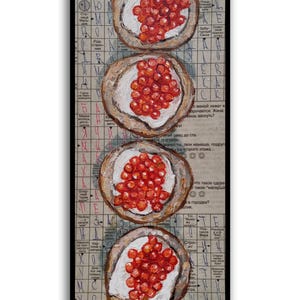 Sándwich con caviar rojo Pintura al óleo exclusiva Pintura de alimentos sobre periódicos Pintura de caviar Periódico Arte mural original de SElenaV