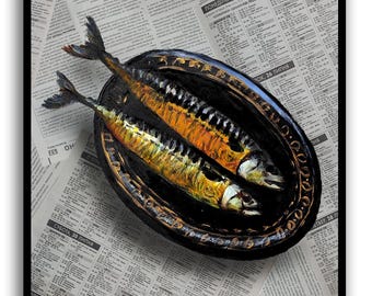 One-of-a-Kind Mackerel Hand Oil Painting on Newspaper: Modern Newspaper Art Coastal wall decor fish wall art Dictionary fine art by SElenaV