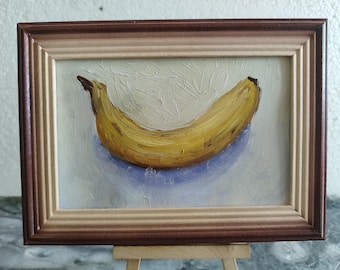 Banaan origineel olieverfschilderij fruitkunst | Keukendecoratie | Kunstcadeau Woondecoratie Stillevenkunstwerk Decor in houten lijst van SElenaV