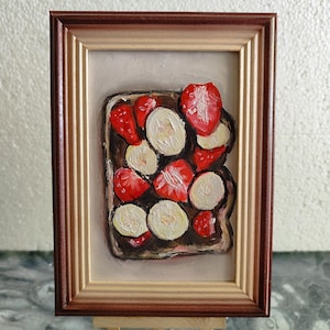 Sandwich aux fraises et à la banane, peinture originale exclusive, art mural, pain, pain grillé, nature morte, petit déjeuner, décoration dans un cadre en bois, par SElenaV