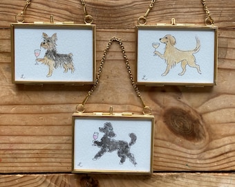 ORIGINAL Dog Artwork / Dog Watercolor Painting / Minimalist Dog Art / Miniature Dog Art / Silly Dog Art / Dogs Drinking Art / Wine and Dogs