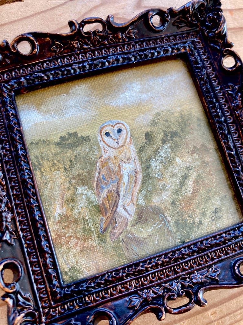 Peut inclure: Une peinture encadr&eacute;e d'un hibou des granges perch&eacute; sur une branche dans un champ. Le hibou est blanc avec des marques brunes et a des yeux jaunes. L'arri&egrave;re-plan est un doux brun et vert.