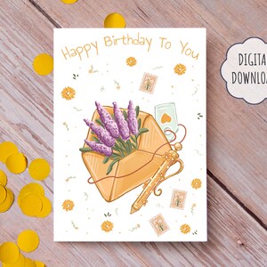 Printable Birthday Card Cupcake, 5x7 Greeting Card, instant download, happy Birthday card, vintage flower