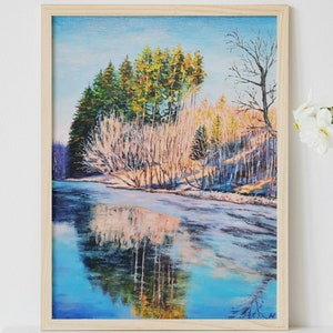 Peinture à l'huile originale de paysage de printemps à vendre, art signé du paysage naturel du lac 3D sur le lac, peinture à l'huile en plein air de la forêt et de la rivière en hiver