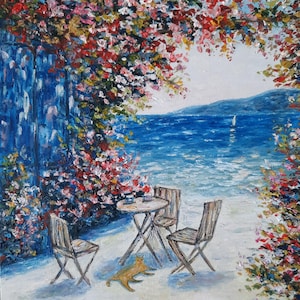 Peinture à l'huile originale de paradis grec, oeuvre d'art faite main de vacances en Grèce, vibrations de plage d'été de mer d'impressionnisme, art 3D d'ascenseur d'humeur d'esprit heureux
