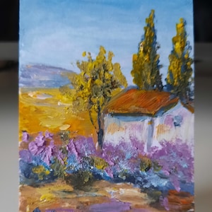 Dipinto ad olio originale ACEO in Toscana, opera d'arte firmata casa rurale in lavanda in Italia, carta da collezione artistica fatta a mano, regalo di Capodanno economico da un amico