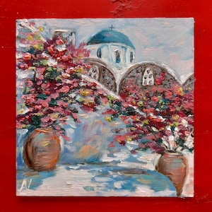 Peinture à l'huile originale de Santorin, Grèce à vendre, oeuvre spirituelle de bougainvilliers à vibrations grecques d'église au dôme bleu, cadeau orthodoxe de lieux saints 3D